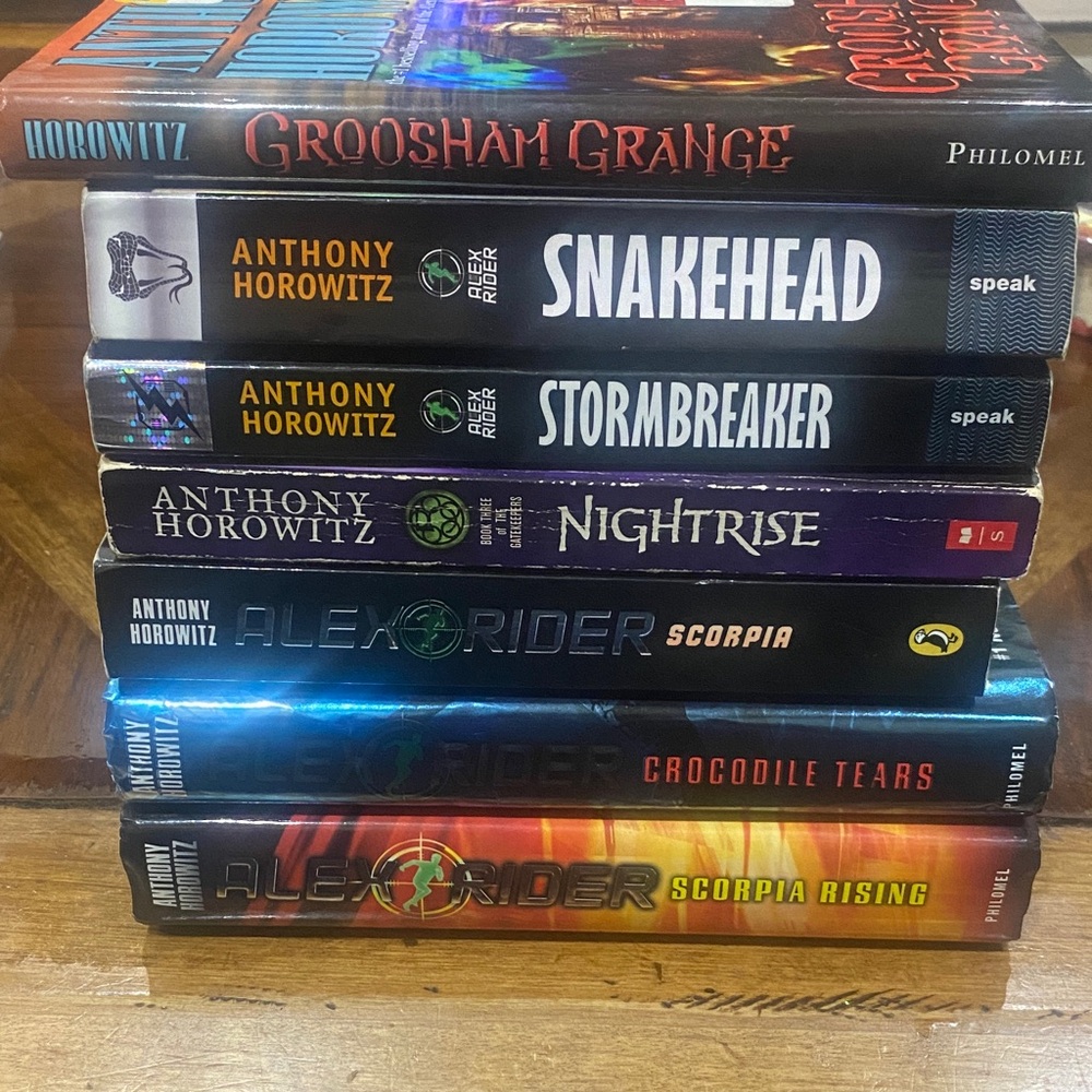 7 Books by Anthony Horowitz. Three hardcover with (2) Alex Rider and (1) Groosha